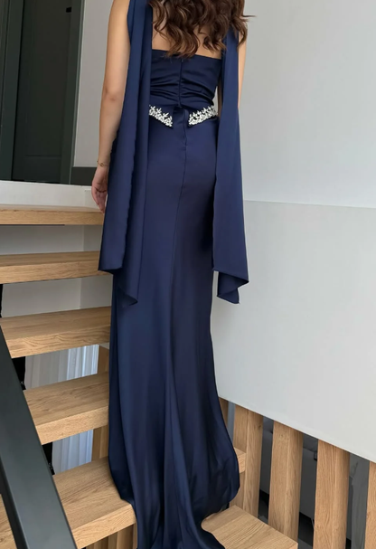 Navy Blue Sheath Strapless Exquisite Beaded Satin Prom Dress Evening Dress DP5028