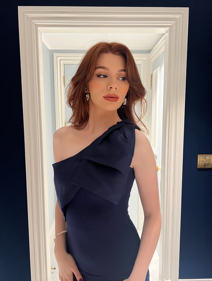 Dark Blue Mermaid One Shoulder Satin Long Prom Dress Evening Dress DP4314