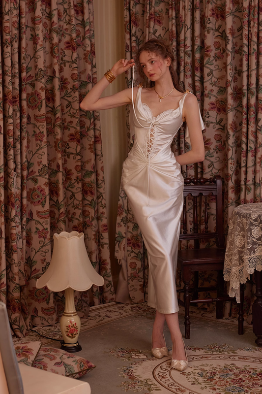 New Sheath Spaghetti Strap White Lace Satin Long Prom Dress Birthday Dress DP2749