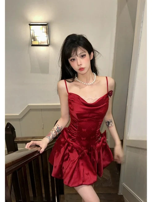 Sexy Red Bow A Line Spaghetti Strap Satin Short Homecoming Dress Outfits DP6396
