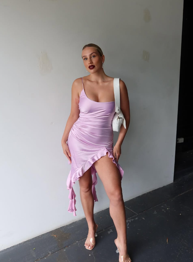 Lilac Sheath One Shoulder Ruffle Satin Short Homecoming Dress Outfits with Slit DP1774