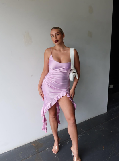 Lilac Sheath One Shoulder Ruffle Satin Short Homecoming Dress Outfits with Slit DP1774
