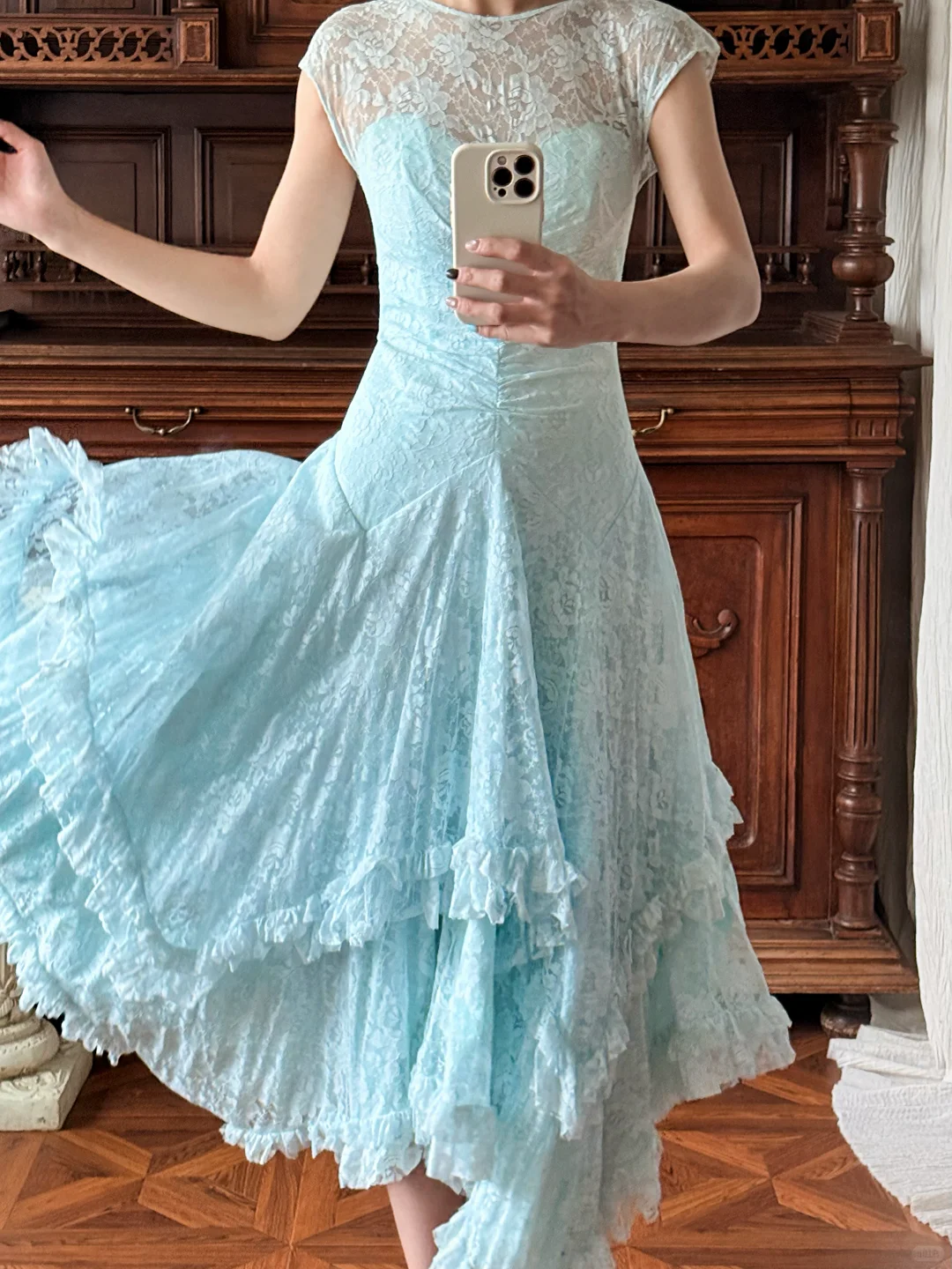 Vintage Blue A Line Lace Backless Prom Dress Evening Dress DP5612