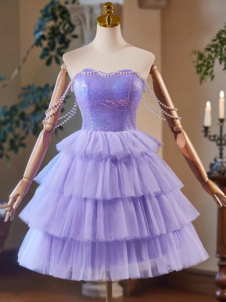 Glitter Sweetheart Neck Purple Short Sequin Tulle Prom Dress Homecoming Dress DP614