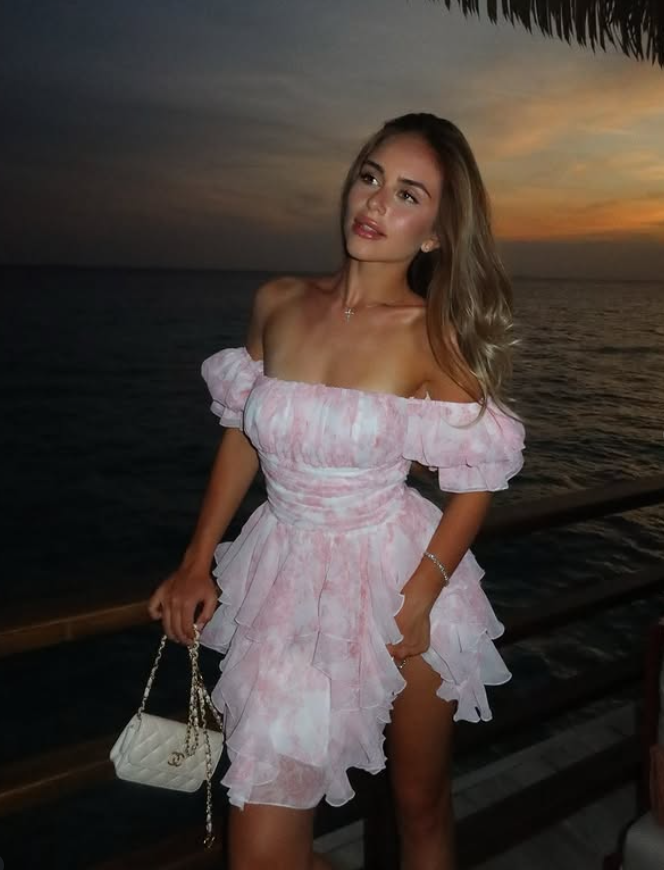 Sweety Pink A Line Off the Shoulder Print Chiffon Short Homecoming Dress Outfits DP5998