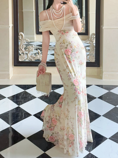 Gentle Print Floral Mermaid Off the Shoulder Ivory Chiffon Prom Dress Evening Dress DP6457