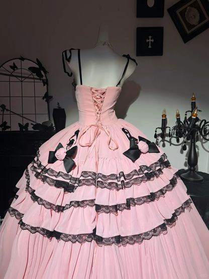 Cute Ball Gown Spaghetti Strap Black Bow Pink Satin Prom Dress Quinceanera Dress DP6955