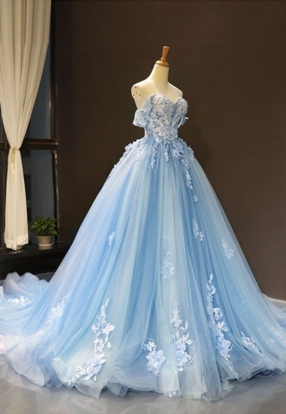 Blue Off Shoulder Prom Dress Quinceanera Dress Flowers Applique Ball Gown DP119