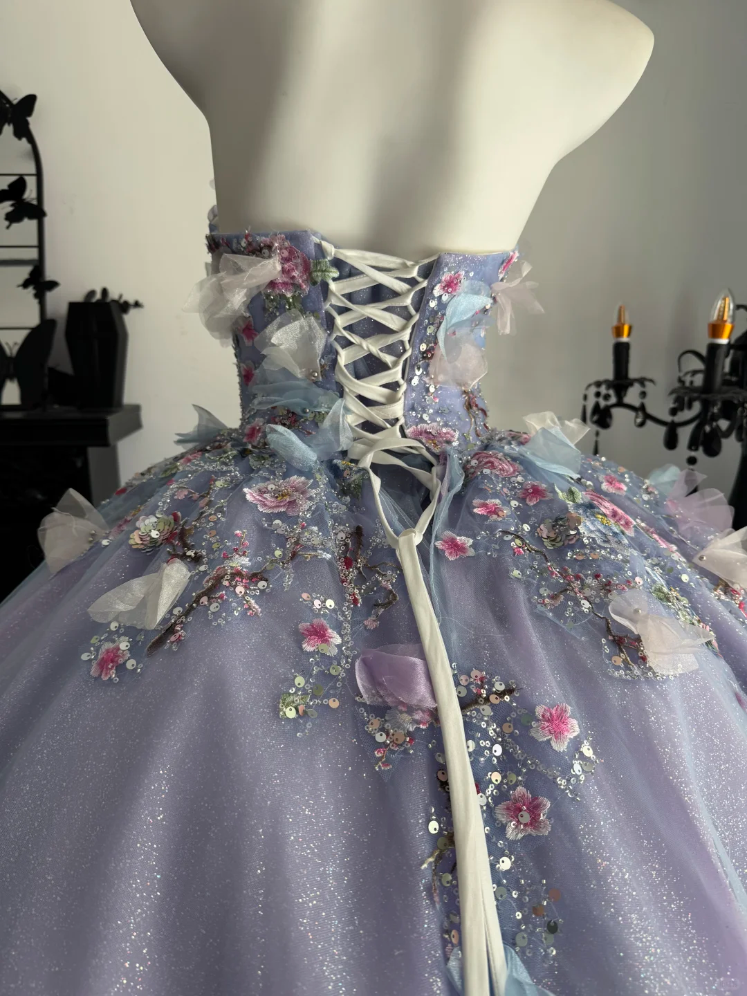 Lilac Ball Gown Sweetheart Neck Floral Tulle Prom Dress Quinceanera Dress DP6967