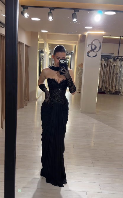 Sexy Black Sheath Sweetheart Neck Beaded Lace Satin Prom Dress Birthday Party Dress DP4913