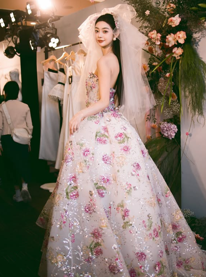 Romantic Pink Rose Ball Gown Strapless Exquisite Beaded Tulle Long Prom Dress DP4603