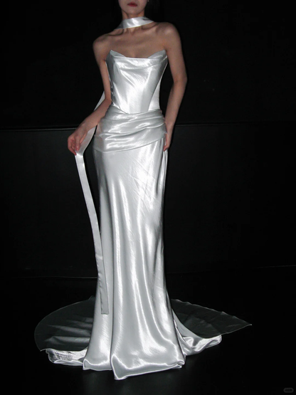 Simple Mermaid Strapless White Satin Long Wedding Dress DP8117