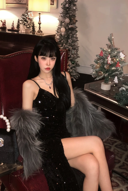 Sexy Black Sheath Spaghetti Straps Sequin Prom Dress Evening Dress DP5768