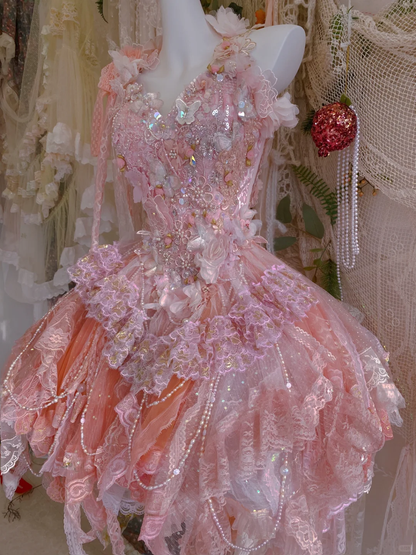 Pink Exquisite A Line Halter Floral Beaded Tulle Short Prom Dress Homecoming Dress DP3765