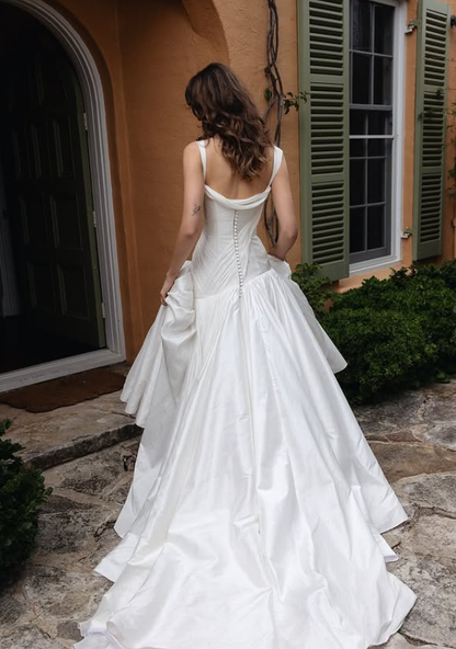 Unique Ball Gown Spaghetti Strap White Chiffon Satin Long Wedding Dress DP4328