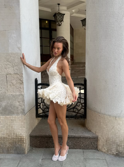 Sweety A Line Halter Ivory Lace Backless Short Prom Dress Homecoming Dress DP7827