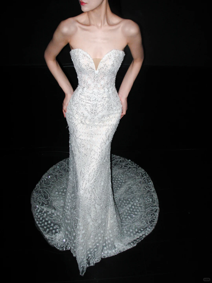 Luxurious Mermaid Sweetheart Neck White Beaded Sequin Tulle Long Wedding Dress DP8120