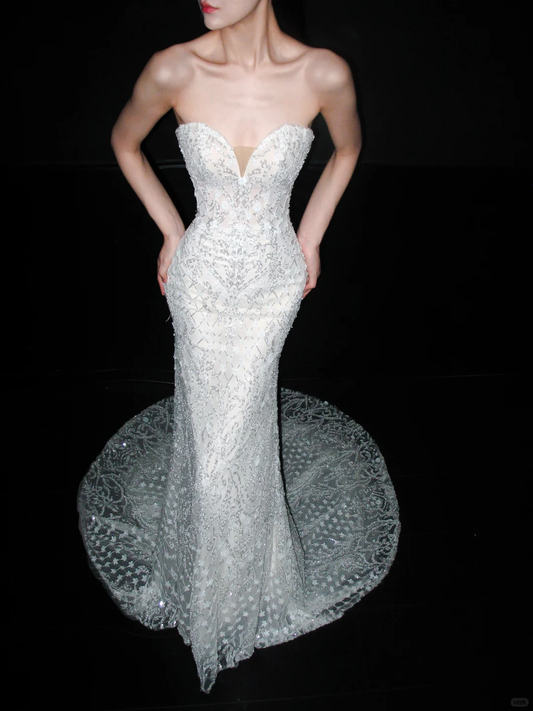 Luxurious Mermaid Sweetheart Neck White Beaded Sequin Tulle Long Wedding Dress DP8120