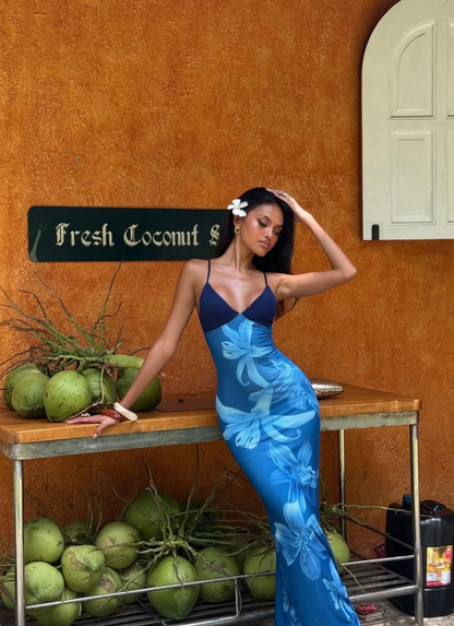 Elegant Blue Lily Print Sheath Chiffon Long Evening Party Dress Date Dress DP2991