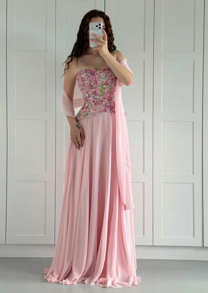 Pink A Line Strapless Exquisite Embroidery Chiffon Long Prom Dress Evening Dress DP6925