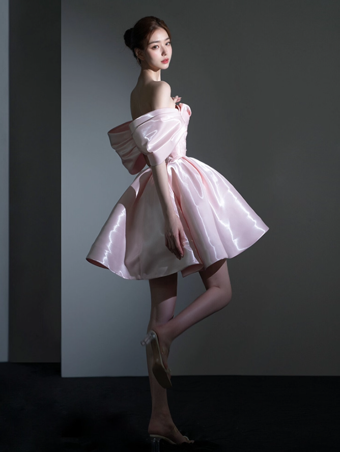 Stunning A Line Off the Shoulder Pink Satin Short Homecoming Dress Birthday Dress DP3650