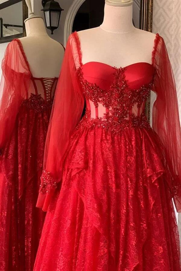 Red Sweetheart Tulle Lace Long Prom Dress Wedding Guest Dress Evening Dress DP086