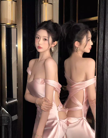 Pink A Line Off the Shoulder Satin Open Back Prom Dress Wedding Guest Dress DP4483