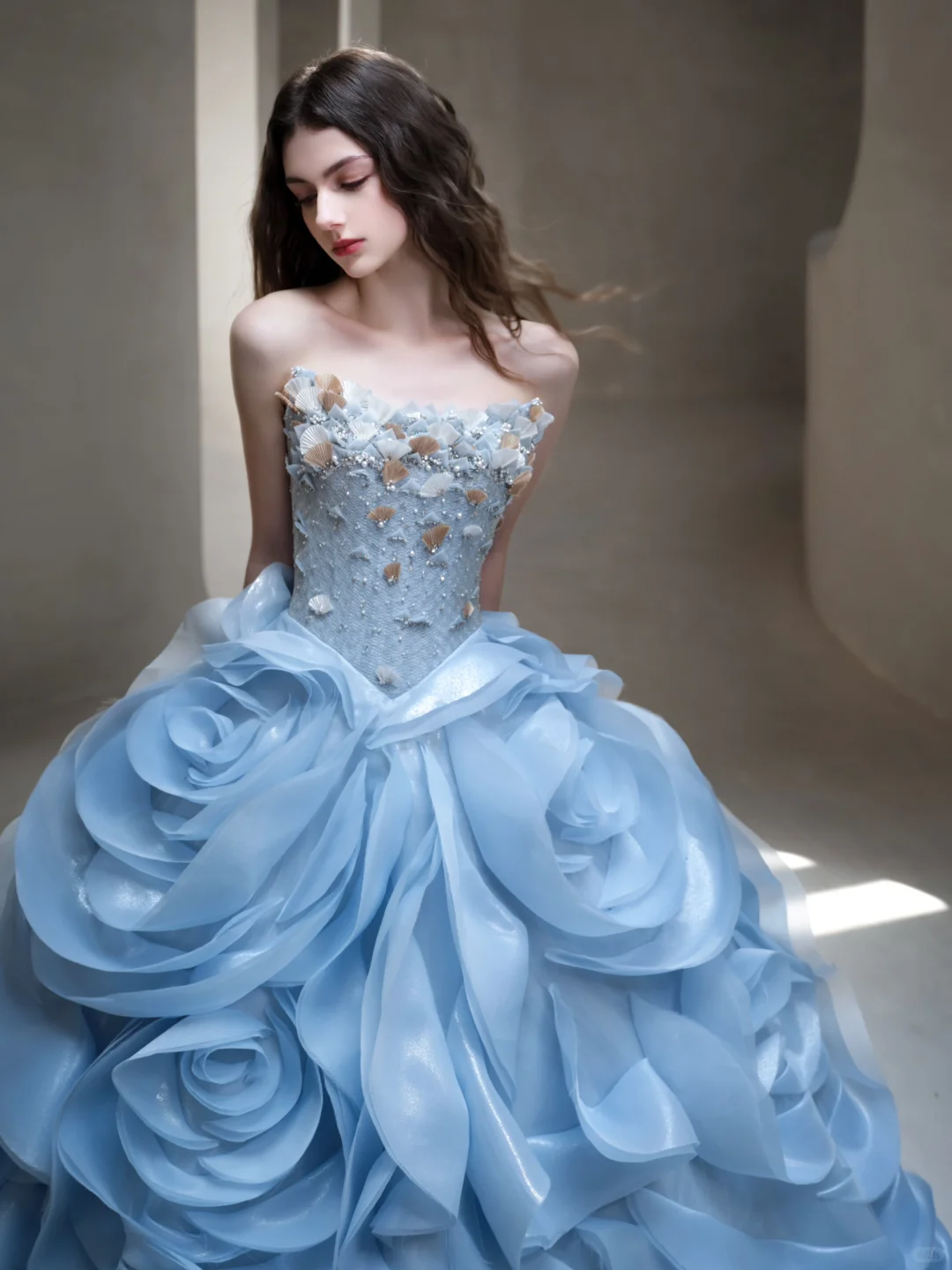 Exquisite Blue Floral Ball Gown Strapless Beaded Organza Long Prom Dress Evening Dress Formal Gown DP3435