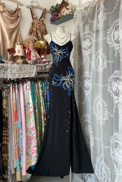 Vintage Mermaid Spaghetti Straps Beaded Black Satin Prom Dress Evening Dress DP4869
