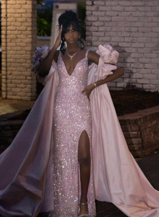 Shiny Pink Sheath Straps Exquisite Beaded Satin Prom Dress with Slit DP5064