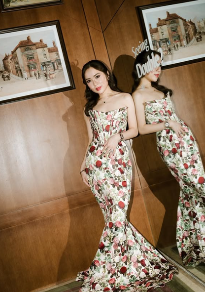 Vintage Mermaid Strapless Print Floral Satin Prom Dress Outfits DP4378