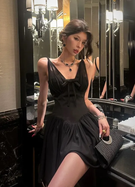 Sexy Black A Line Straps Beaded Chiffon Short Vacation Dress Outfits DP4897