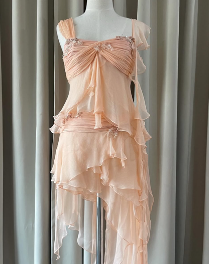 Baby Peach A Line Two Piece Appliques Tiered Chiffon Party Dress Evening Dress DP4937