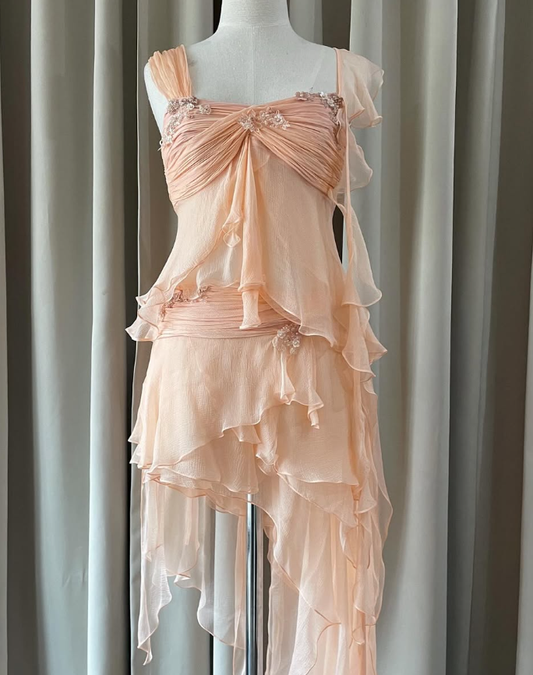 Baby Peach A Line Two Piece Appliques Tiered Chiffon Party Dress Evening Dress DP4937