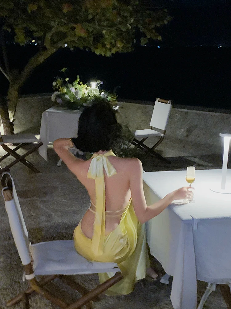Yellow Mermaid Halter Satin Open Back Prom Dress Vacation Dress DP3863