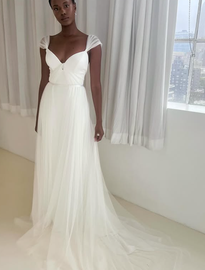 Pretty A Line Straps White Tulle Satin Long Wedding Dress DP4301