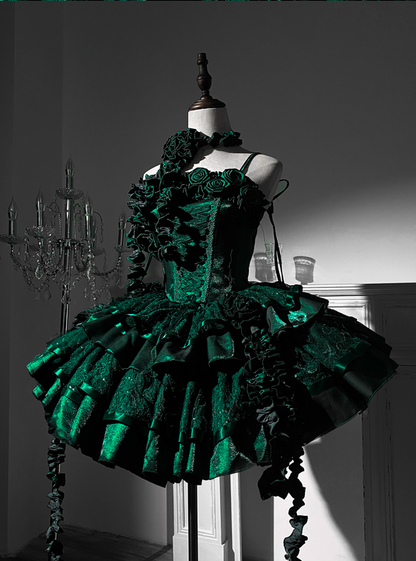 Green Roses Neckline Lolita Goth Boning Dress Sequins Tiered Ruffle Dress DP4492
