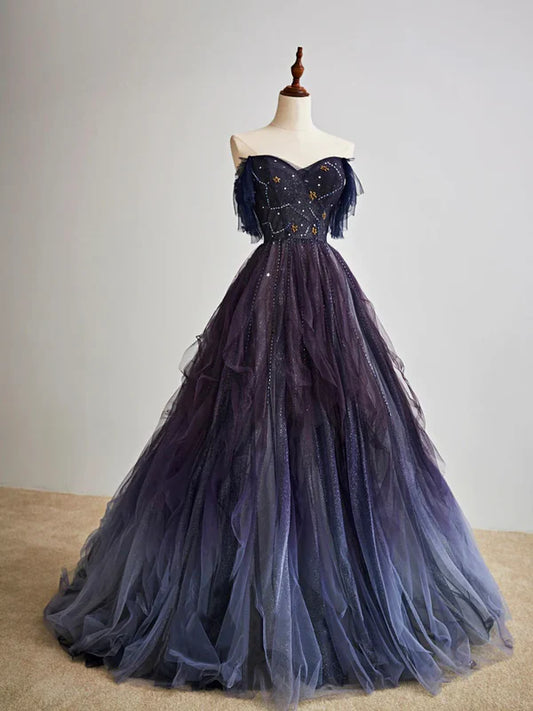Dark Starry Sky Purple A Line Beads Tulle Long Prom Dress Evening Dress DP1261