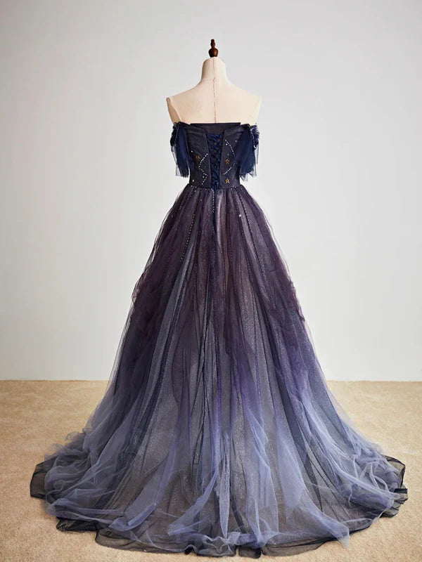 Dark Starry Sky Purple A Line Beads Tulle Long Prom Dress Evening Dress DP1261