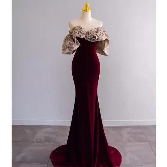 Mermaid Strapless Wine Red Satin Long Prom Dress  DP839
