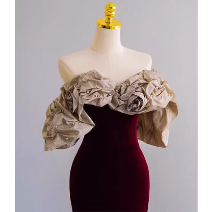 Mermaid Strapless Wine Red Satin Long Prom Dress  DP839