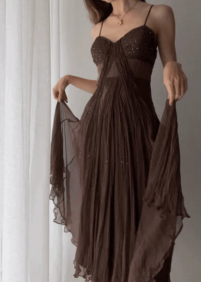 Vintage Brown A Line Spaghetti Strap Beaded Chiffon Long Prom Dress Party Dress DP4124