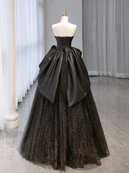 Ball Gown Black Sweetheart Neck Satin Tulle Long Prom Dress DP958