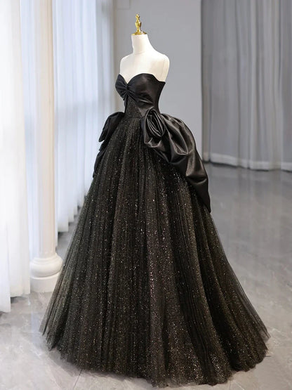 Ball Gown Black Sweetheart Neck Satin Tulle Long Prom Dress DP958