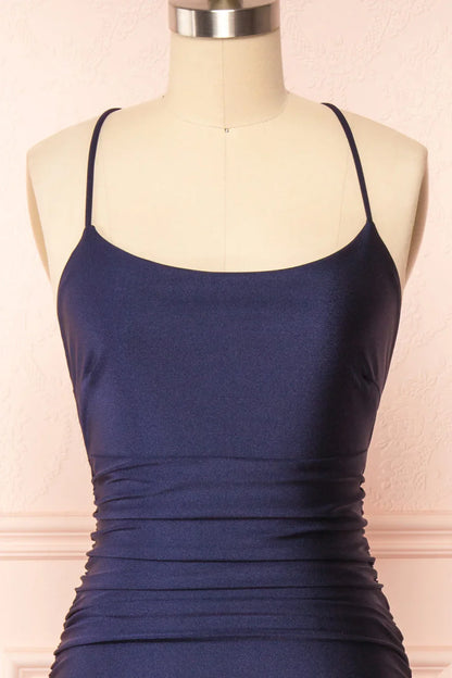 Sexy Mermaid Halter Sleeveless Navy Blue Long Prom Dresses DP5744