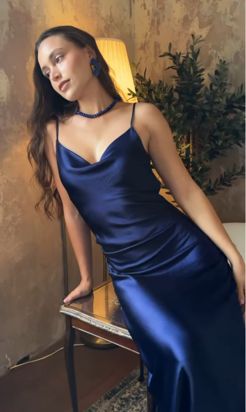 Navy Blue Simple Sheath Spaghetti Straps Satin Prom Dress Formal Dress DP3502