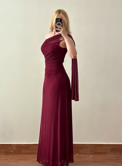 Burgundy Sheath One Shoulder Simple Chiffon Prom Dress Evening Dress DP6044