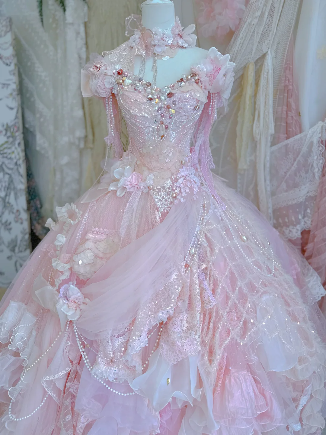 Stunning Pink Ball Gown Off the Shoulder Floral Exquisite Beaded Tulle Prom Dress DP3818