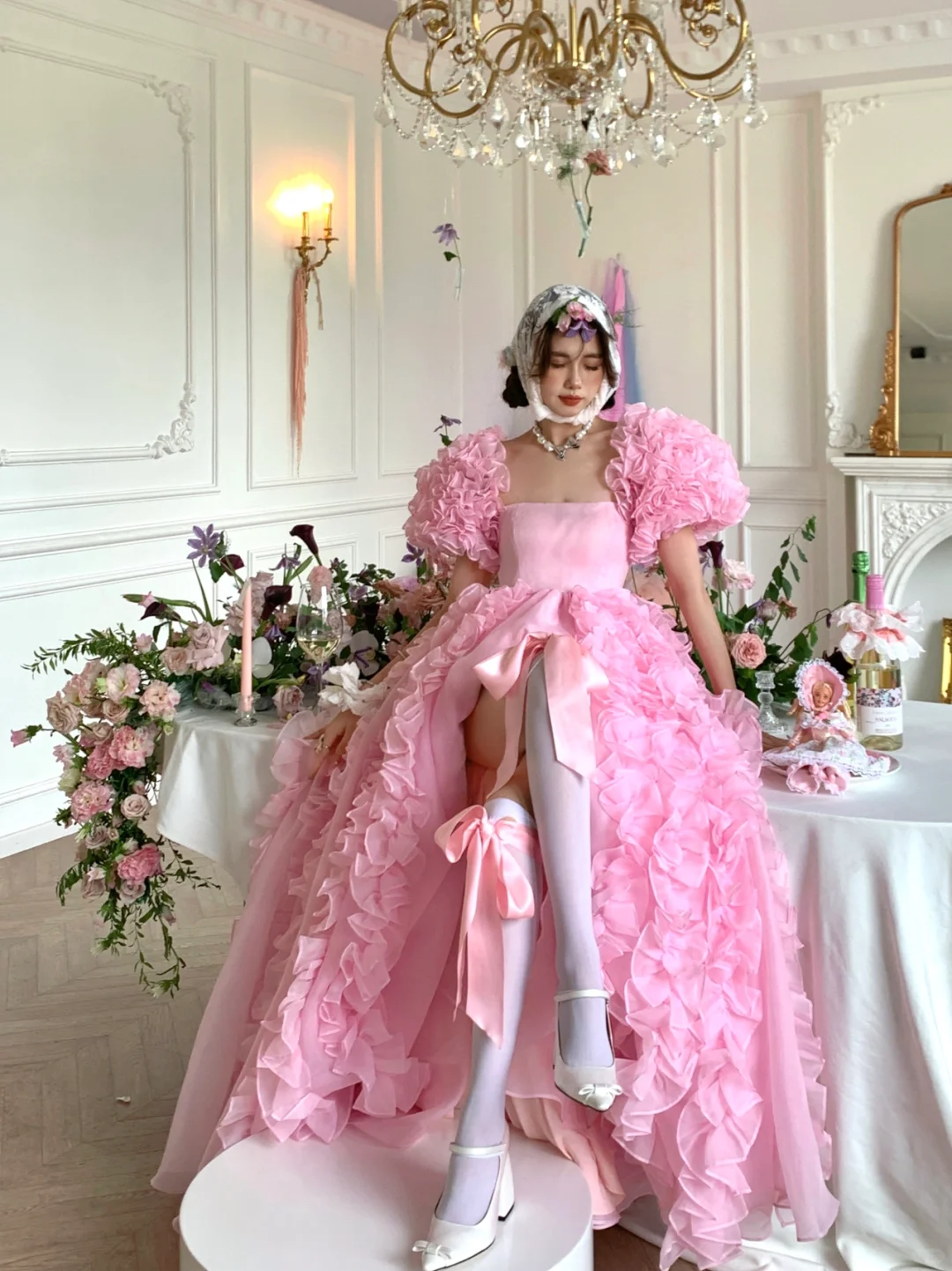 Pink Ball Gown Puff Flower Chiffon Long Party Dress Birthday Dress with Slit DP2502