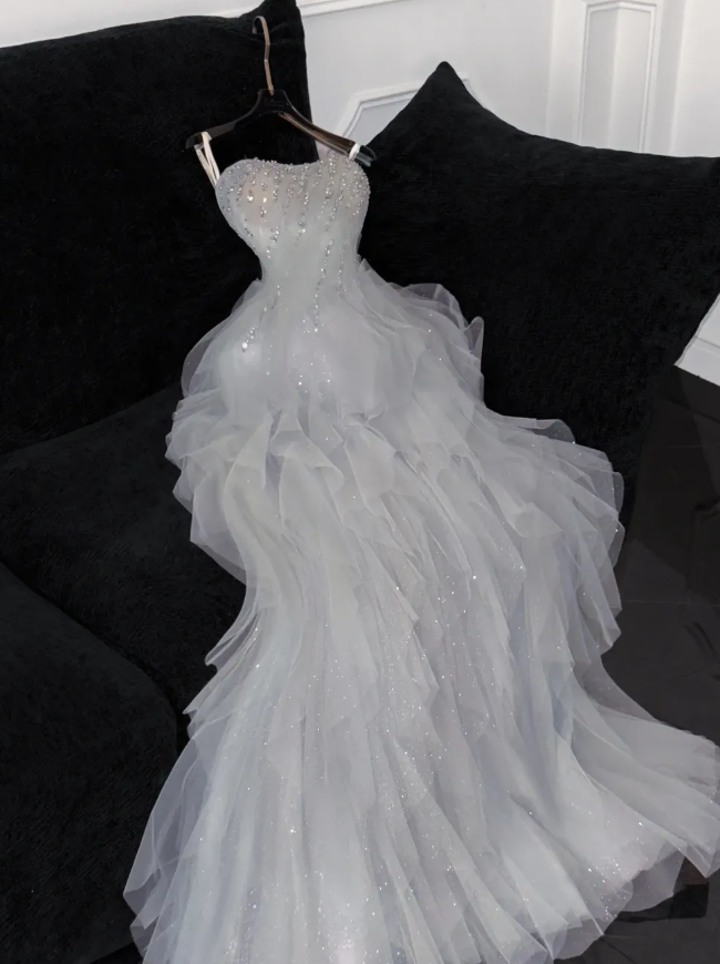 Grey A Line Strapless Beaded Ruffle Tulle Party Dress Evening Dress DP2868